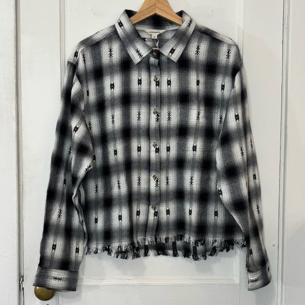 Lucky Brand Women's Black/White Raw Hem Plaid Cropped Cotton Button-Up Shirt, L